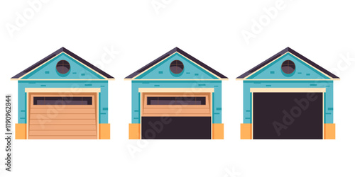 Garage home house door open steps parking front view isolated set. Vector flat graphic design illustration