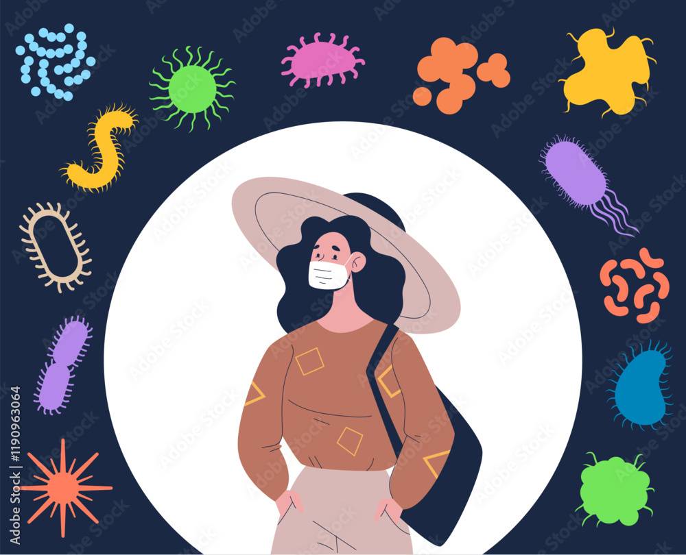 People in protect mask in bubble against virus infection epidemic concept. Vector graphic design illustration People in protect mask in bubble against virus infection epidemic concept. Vector graphic design illustration