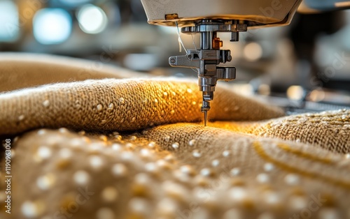 Golden Threads Woven: A close-up of a sewing machine meticulously crafting a beautiful fabric piece, highlighting the intricate details and the artistry of the process. photo