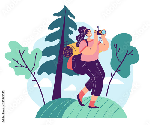 Tourist taking photo picture of nature forest concept. Vector graphic design element illustration
