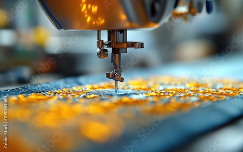 Close-up of a sewing machine needle expertly stitching intricate golden embroidery onto a rich blue fabric. A symphony of precision and artistry! photo