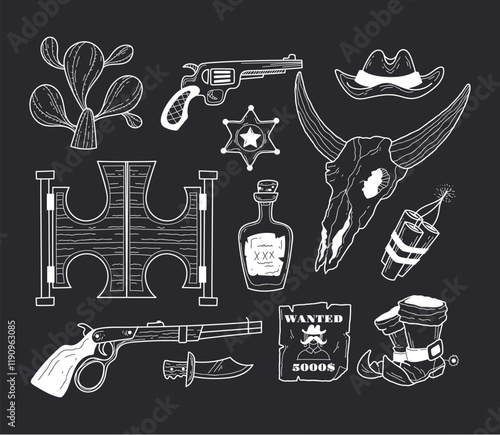 Cowboy doodle western icon sketch sheriff west wild outline line cute style isolated set. Vector flat graphic design element concept illustration