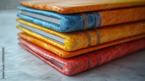 Colorful stacked notebooks showcasing vibrant textures and organized statione...