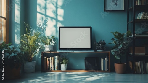 A cozy workspace with a laptop and indoor plants by a sunlit window in a mode...
