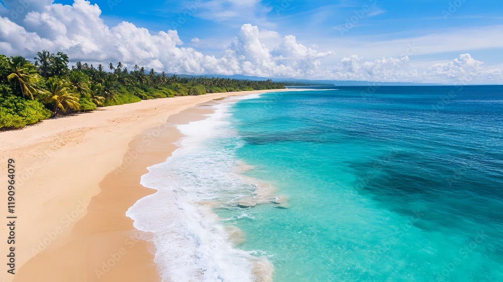 Fototapeta premium Breathtaking Tropical Beach with Turquoise Waves and White Sandy Shores in Paradise