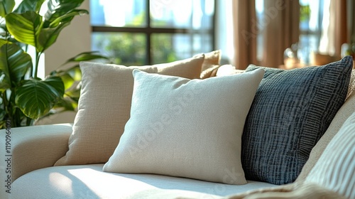 Cozy living room with decorative pillows and candle during evening
