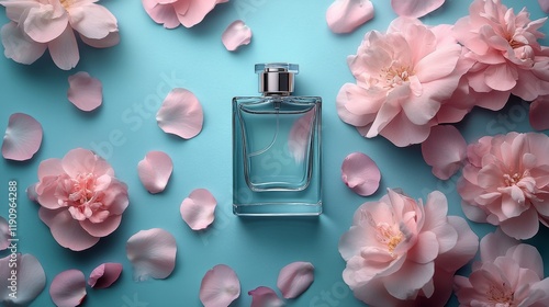 Elegant perfume bottle surrounded by pastel flowers and dew drops on a soft b...