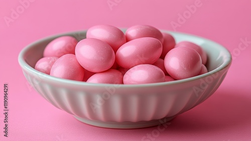 Pink candy eggs arranged neatly in a light blue bowl on a pastel pink backdrop