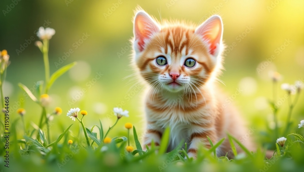 A playful orange tabby kitten sitting in a sunny meadow surrounded by daisies. Perfect for pet lovers, nature, and outdoor themes. Great for greeting cards and children's content. A playful orange tabby kitten sitting in a sunny meadow surrounded by daisies. Perfect for pet lovers, nature, and outdoor themes. Great for greeting cards and children's content.