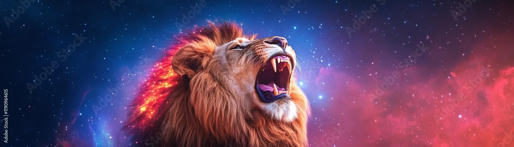 Naklejka premium Lion roaring into a cosmic void, its mane glowing with vibrant celestial hues