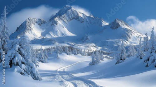 Winter landscape featuring a snowy mountain road under a blue sky