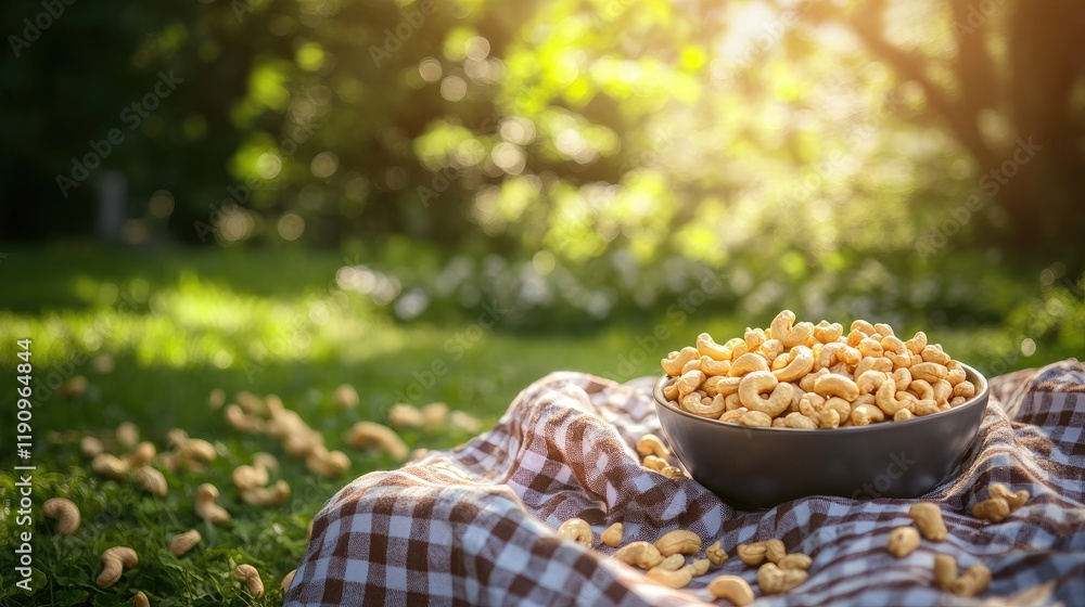 A welcoming image of a bowl of roasted cashews on a picnic table, with scattered nuts and a checkered cloth, set amidst greenery and natural sunlight for a cozy outdoor feel A welcoming image of a bowl of roasted cashews on a picnic table, with scattered nuts and a checkered cloth, set amidst greenery and natural sunlight for a cozy outdoor feel