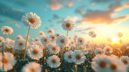 Colorful wildflowers blooming in a field during sunset