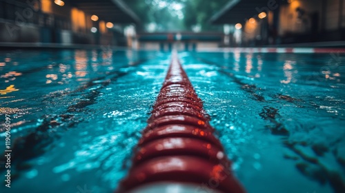 Colorful buoy markers in calm blue water at an indoor swimming facility durin...