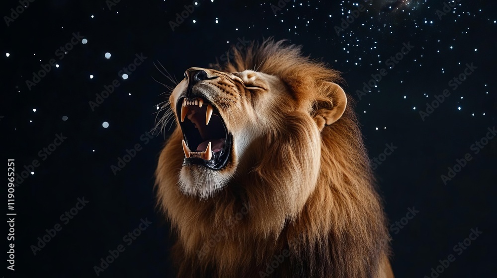 Naklejka premium Lion roaring under a meteor shower, its form radiating cosmic power