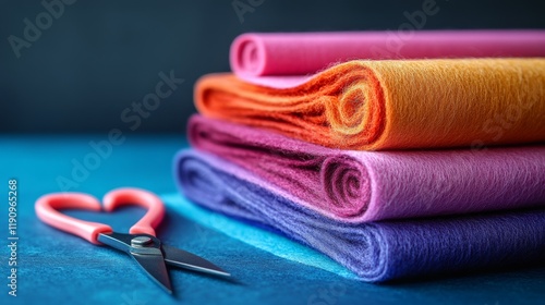 Brightly colored felt sheets stacked beside scissors on a turquoise background