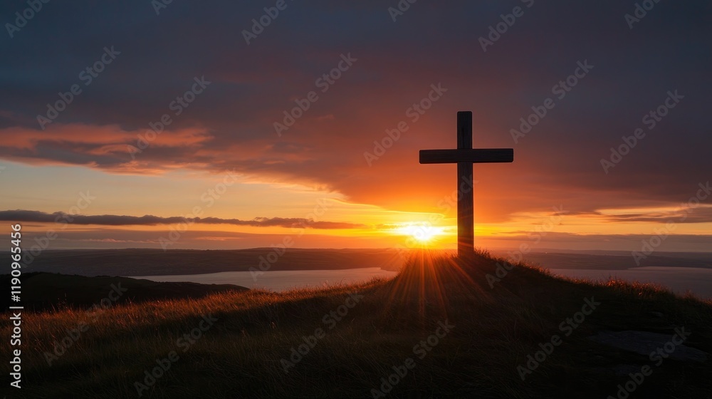 A wooden cross silhouetted on a hill with a stunning sunset in the background, symbolizing faith, peace, and reflection A wooden cross silhouetted on a hill with a stunning sunset in the background, symbolizing faith, peace, and reflection