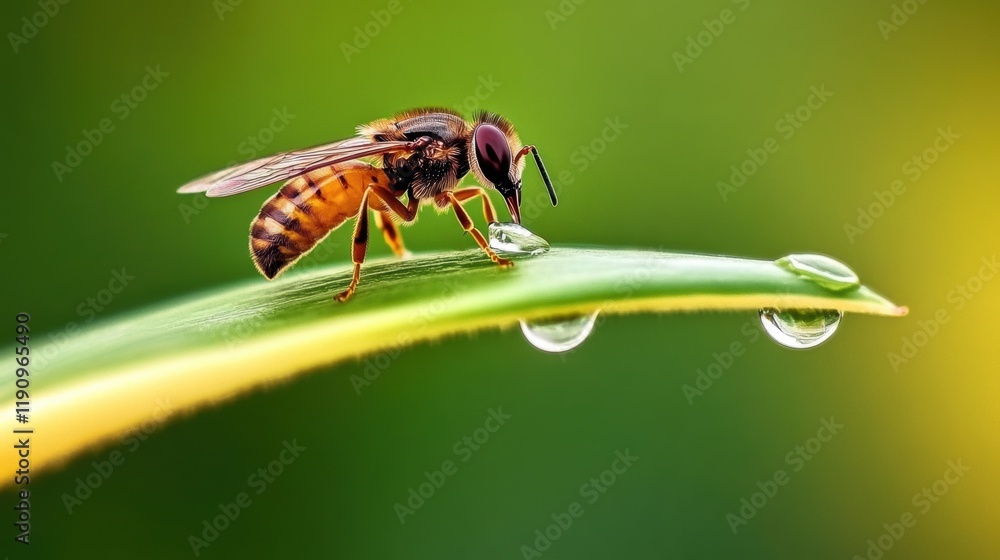 Macro photograph of a wasp on a dewy leaf, showcasing vibrant nature details and insect behaviors in high definition. Macro photograph of a wasp on a dewy leaf, showcasing vibrant nature details and insect behaviors in high definition.