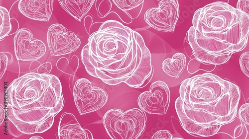 Wallpaper Mural Pink background with white roses and hearts pattern. Torontodigital.ca
