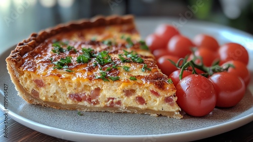 Delicious savory quiche served with fresh cherry tomatoes on a white plate