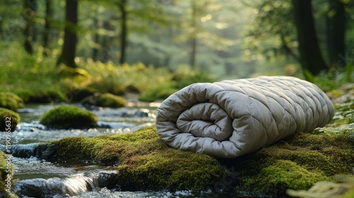 Rolling camping mat rests beside a peaceful forest stream during a sunny afte...
