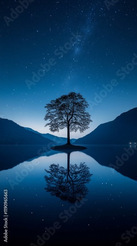 Starry night reflection of a solitary tree by a calm lake surrounded by mount...
