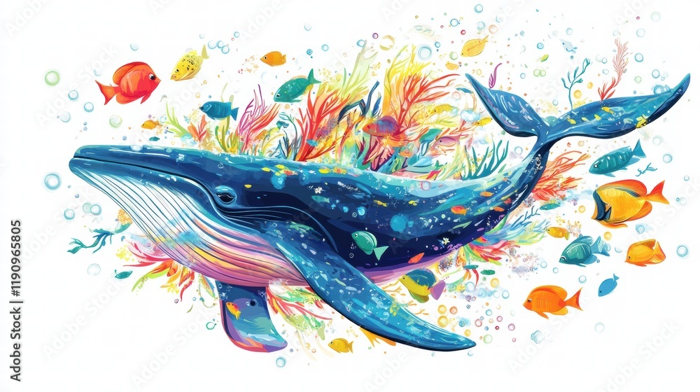 Obraz premium Vibrant underwater scene of a whale swimming amid a lively school of colorful fish in a coral reef habitat. Generative AI