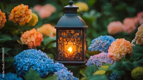 Lantern illuminating vibrant garden flowers during twilight hours
