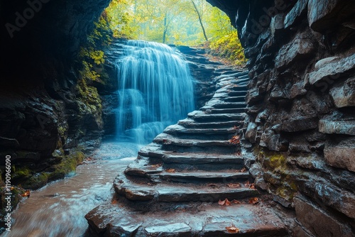 Waterfall cascading from cave into misty forest in tranquil natural setting