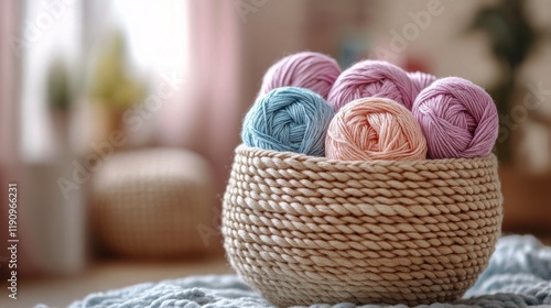 Colorful yarn balls in a woven basket in a cozy indoor setting