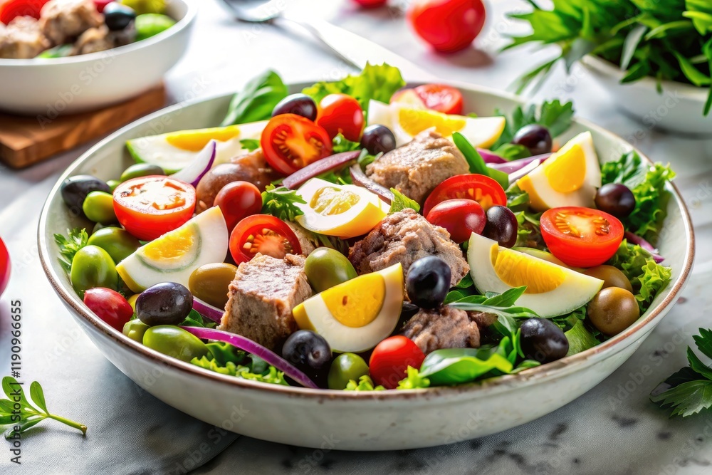 Luxurious Monaco tuna salad: marble backdrop, Mediterranean flair, high-end food styling. Luxurious Monaco tuna salad: marble backdrop, Mediterranean flair, high-end food styling.
