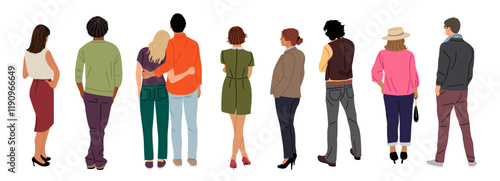 Set of diverse People Standing Rear View. Male, Female, couple cartoon Characters different ages, races Wearing casual Clothes Back View vector illustration Isolated