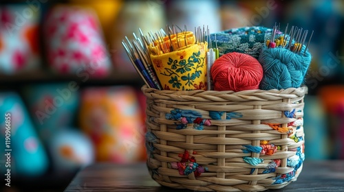 Colorful yarn in a decorative basket at a crafting market with various suppli...