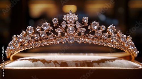 Elegant tiara adorned with sparkling jewels displayed on a plush cushion in a...