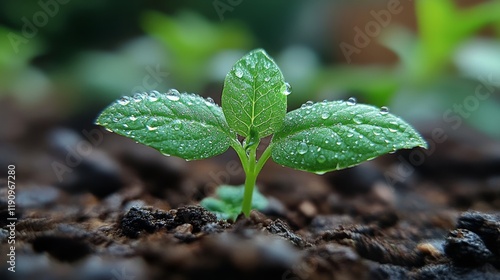 Fresh green plant sprouting from soil with water droplets in garden setting