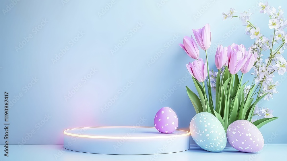 Easter's Day Neon Light Eggs Tulip blank podium Easter-themed display with flowers and decorative eggs. Easter's Day Neon Light Eggs Tulip blank podium Easter-themed display with flowers and decorative eggs.