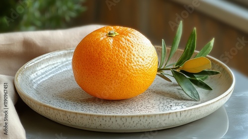 Fresh orange with green leaves on a decorative plate in a natural setting