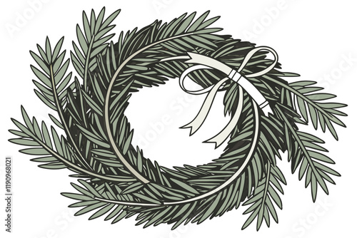 Christmas wreath, evergreen branches, circular shape, pine needles, festive decoration, winter holiday, natural greenery, white background, realistic texture, high detail, studio lighting, isolated ob