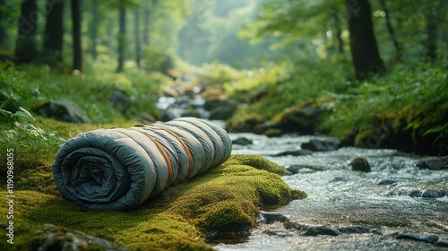 Rolling camping mat rests beside a peaceful forest stream during a sunny afte...
