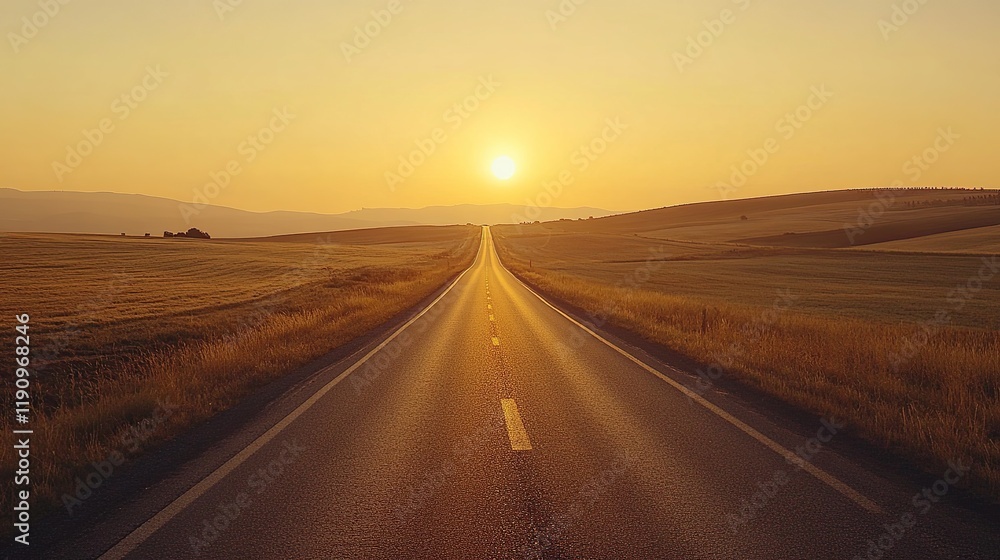 Fototapeta premium Scenic highway vanishing into sunset over idyllic countryside.
