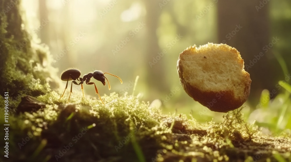 Fototapeta premium Ant carrying breadcrumb in lush forest. Nature's small wonders highlighted in serene sunlight, showcasing forest ecosystem and tiny wildlife dynamics.