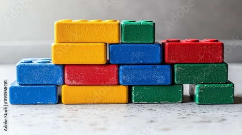 Colorful building blocks stacked in a creative play area for children in a br...