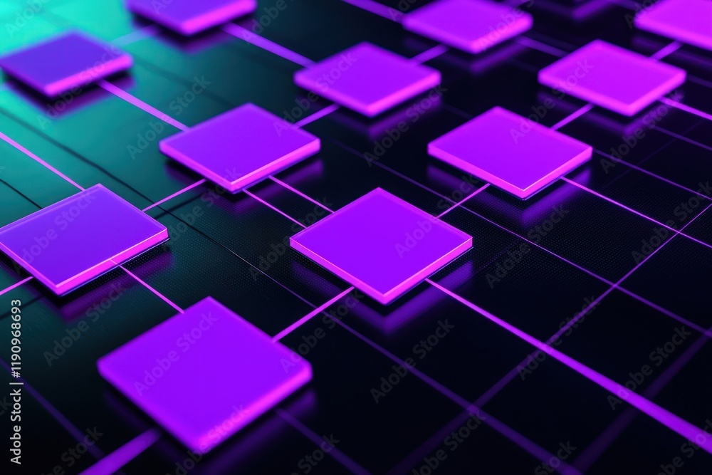 Purple squares arranged on a sleek black diagram with a bright cyan background