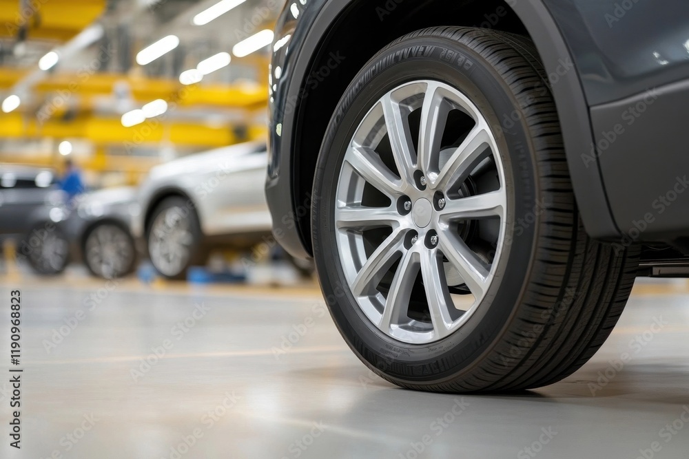 A close-up of a car wheel in a manufacturing facility, showcasing its design and the assembly line in the background. A close-up of a car wheel in a manufacturing facility, showcasing its design and the assembly line in the background.