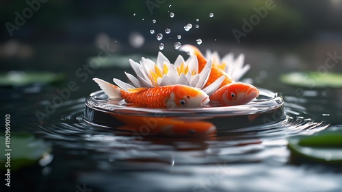 Colorful Koi Fish with Lotus Flowers. Generative AI photo