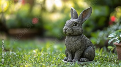 Rabbit exploring a lush garden during golden hour with colorful flowers in th...
