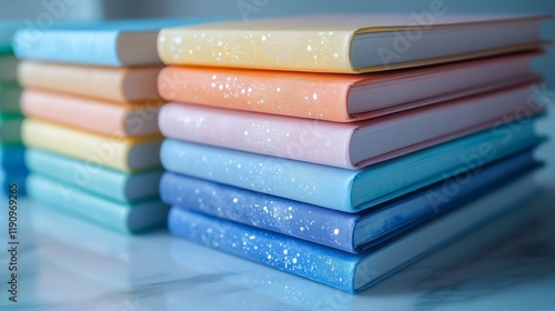 Colorful stack of notebooks arranged neatly on a marble surface for creativit...