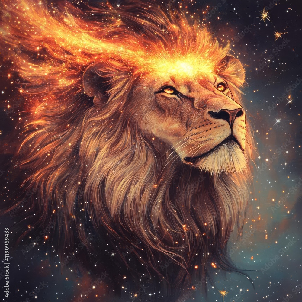 Fototapeta premium Lion with fiery stardust streaming from its mane, cosmic elements swirling around
