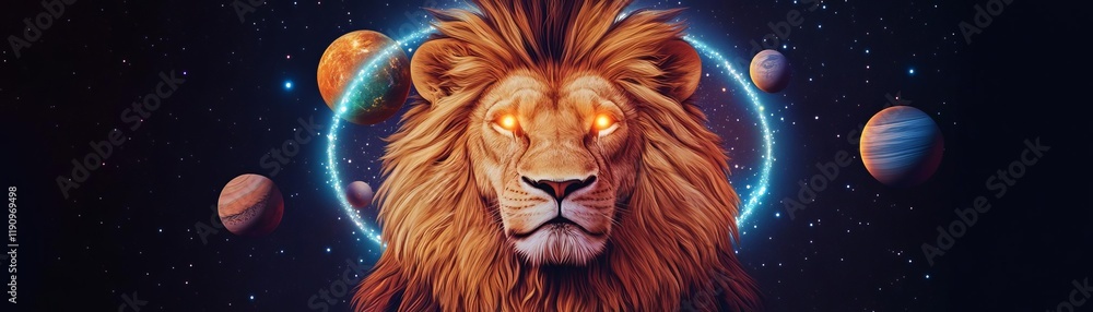 Lion with glowing eyes, its mane forming a celestial ring of stars and planets Lion with glowing eyes, its mane forming a celestial ring of stars and planets