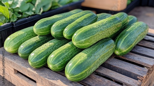 Freshly harvested cucumbers displayed on a wooden crate in a garden during su...